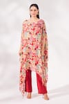 Shop_Chaashni by Maansi and Ketan_Red Chinon Chiffon Printed Floral Boat Neck Kaftan And Pant Set _Online_at_Aza_Fashions