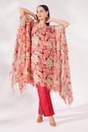 Chaashni by Maansi and Ketan_Red Chinon Chiffon Printed Floral Boat Neck Kaftan And Pant Set _at_Aza_Fashions