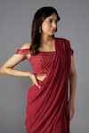 MAISOLOS_Red Rawsilk Embellished Bead Off Shoulder Pre-draped Saree With Sequin Blouse _Online_at_Aza_Fashions