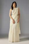 Buy_MAISOLOS_Ivory Blouse Rawsilk Embellished Bead Round Solid Pre-draped Tiered Saree With _at_Aza_Fashions