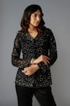 MAISOLOS_Black Net Embellished Bead V-neck Foliage Sequin Jacket With Sharara_Online_at_Aza_Fashions