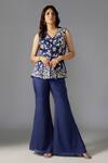 Buy_MAISOLOS_Blue Flat Chiffon Embellished Bead V-neck Floral Vine Jacket With Sharara _at_Aza_Fashions