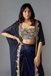 MAISOLOS_Blue Blouse And Skirt Crepe Satin Embellished Bead Blossom Sequin Draped Set _Online_at_Aza_Fashions