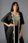 MAISOLOS_Black Crepe Satin Embellished Bead Cape Open Blossom Sharara Set _Online_at_Aza_Fashions