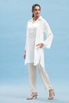 Buy_Affroz_White Crepe Fringe Collared Solid Kimono Kurta And Pant Set_at_Aza_Fashions