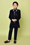 Buy_Samyukta Singhania_Blue Velvet, Polyester, Terrycloth Sequins Embroidered Sherwani And Trouser Set_at_Aza_Fashions