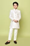 Samyukta Singhania_Beige Sherwani Jacquard Embroidered Thread And Trouser Set _at_Aza_Fashions