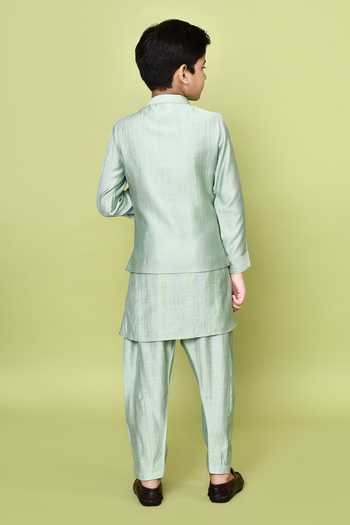 Shop_Petite Pomme_Green Silk, Polyester Solid Kurta Set With Nehru Jacket _at_Aza_Fashions