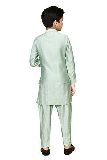 Shop_Petite Pomme_Green Silk, Polyester Solid Kurta Set With Nehru Jacket _Online_at_Aza_Fashions