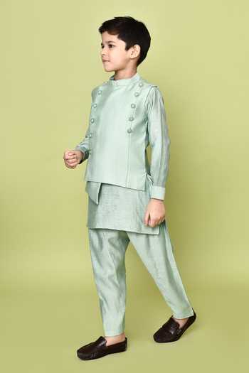 Buy_Petite Pomme_Green Silk, Polyester Solid Kurta Set With Nehru Jacket 