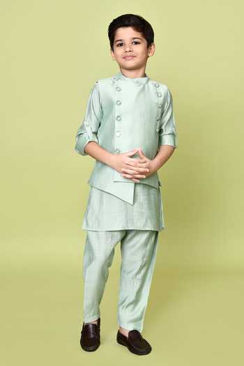 Shop_Petite Pomme_Green Silk, Polyester Solid Kurta Set With Nehru Jacket 