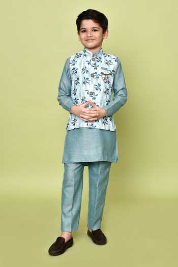 Buy_Petite Pomme_White Cotton, Silk, Jacquard Embroidery Floral Print Nehru Jacket And Kurta Set _at_Aza_Fashions