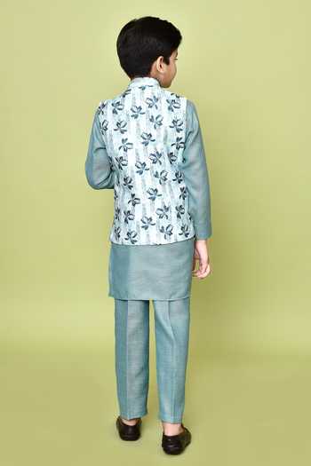 Shop_Petite Pomme_White Cotton, Silk, Jacquard Embroidery Floral Print Nehru Jacket And Kurta Set _at_Aza_Fashions