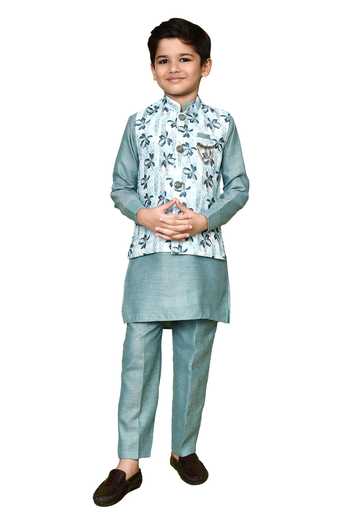 Petite Pomme_White Cotton, Silk, Jacquard Embroidery Floral Print Nehru Jacket And Kurta Set _at_Aza_Fashions