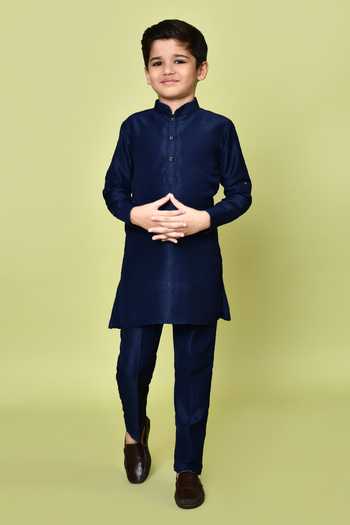 Buy_Petite Pomme_Blue Cotton, Silk Zari Navy Embroidered Kurta Set _at_Aza_Fashions