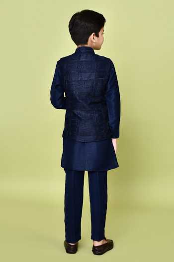 Shop_Petite Pomme_Blue Cotton, Silk Zari Navy Embroidered Kurta Set _at_Aza_Fashions