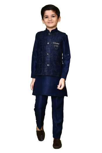 Petite Pomme_Blue Cotton, Silk Zari Navy Embroidered Kurta Set _at_Aza_Fashions