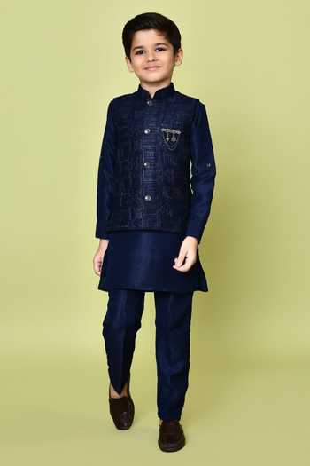 Buy_Petite Pomme_Blue Cotton, Silk Zari Navy Embroidered Kurta Set 