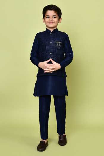 Shop_Petite Pomme_Blue Cotton, Silk Zari Navy Embroidered Kurta Set 