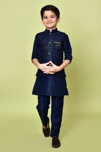 Petite Pomme_Blue Cotton, Silk Zari Navy Embroidered Kurta Set _Online