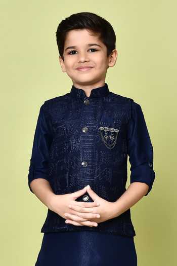 Buy_Petite Pomme_Blue Cotton, Silk Zari Navy Embroidered Kurta Set _Online