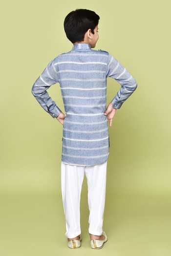 Shop_Petite Pomme_Blue Cotton, Rayon Striped Print Band Collared Kurta And Pyjama Set _at_Aza_Fashions