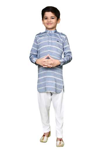 Petite Pomme_Blue Cotton, Rayon Striped Print Band Collared Kurta And Pyjama Set _at_Aza_Fashions