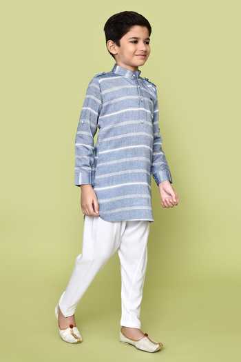 Shop_Petite Pomme_Blue Cotton, Rayon Striped Print Band Collared Kurta And Pyjama Set 