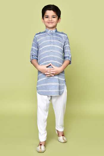 Petite Pomme_Blue Cotton, Rayon Striped Print Band Collared Kurta And Pyjama Set _Online