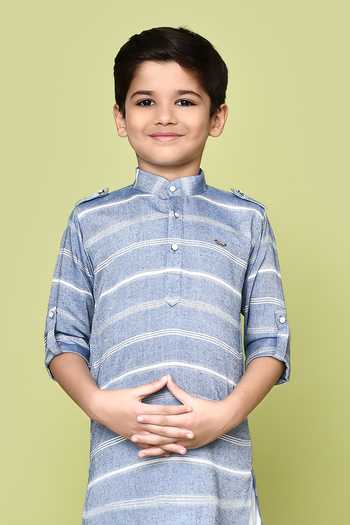 Buy_Petite Pomme_Blue Cotton, Rayon Striped Print Band Collared Kurta And Pyjama Set _Online