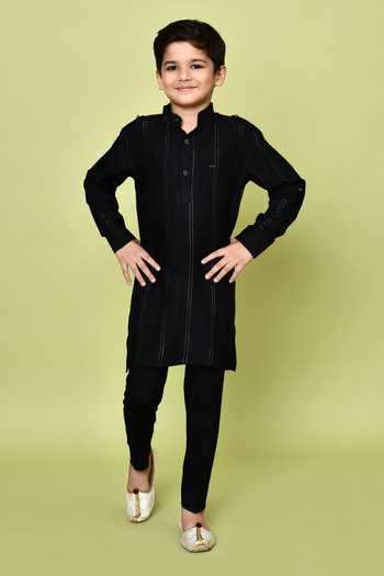 Buy_Petite Pomme_Black Cotton, Rayon Striped Print Kurta And Pyjama Set _at_Aza_Fashions