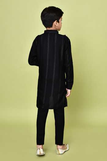Shop_Petite Pomme_Black Cotton, Rayon Striped Print Kurta And Pyjama Set _at_Aza_Fashions