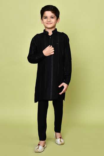 Buy_Petite Pomme_Black Cotton, Rayon Striped Print Kurta And Pyjama Set 