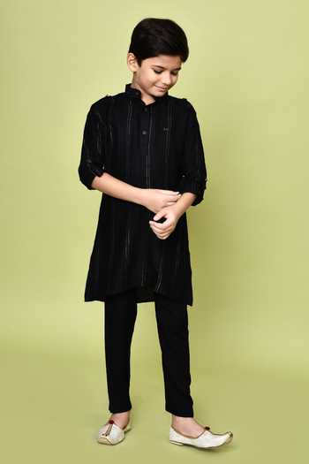 Petite Pomme_Black Cotton, Rayon Striped Print Kurta And Pyjama Set _Online