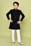 Buy_Banana Bee_Black Cotton Rayon Embroidered Floral Band Collared Pathani Kurta And Pyjama Set _at_Aza_Fashions