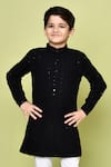 Banana Bee_Black Cotton Rayon Embroidered Floral Band Collared Pathani Kurta And Pyjama Set _at_Aza_Fashions