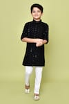 Shop_Banana Bee_Black Cotton Rayon Embroidered Floral Band Collared Pathani Kurta And Pyjama Set 