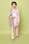 Samyukta Singhania_Peach Jacquard Woven Floral Flower Sherwani Set _at_Aza_Fashions