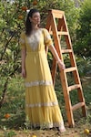 Shop_SUMMER BY PRIYANKA GUPTA_Yellow Georgette Embroidered Floral Round Gardenia Harvest Maxi Dress _at_Aza_Fashions