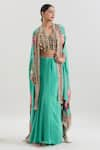 Buy_Basanti - Kapde Aur Koffee x AZA_Green Crepe Embroidered Coins Blouse V Floral Print Cape And Draped Skirt Set_Online_at_Aza_Fashions