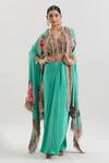 Buy_Basanti - Kapde Aur Koffee x AZA_Green Crepe Embroidered Coins Blouse V Floral Print Cape And Draped Skirt Set