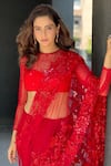 Buy_Premya By Manishii_Red Polyester Embroidered Sequins Crew Neck Saree With Blouse _at_Aza_Fashions