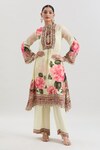 Basanti - Kapde Aur Koffee x AZA_Ivory Crepe Printed Floral Band V Straight Kurta And Pant Set_at_Aza_Fashions