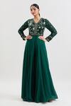 Basanti - Kapde Aur Koffee x AZA_Green Georgette Embroidered Sequins V Neck Floral Flared Jumpsuit_at_Aza_Fashions