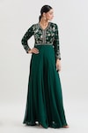 Shop_Basanti - Kapde Aur Koffee x AZA_Green Georgette Embroidered Sequins V Neck Floral Flared Jumpsuit