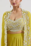 Shop_Basanti - Kapde Aur Koffee x AZA_Yellow Cotton Silk Embroidered Sequins Blouse Sweetheart Cape And Lehenga Set_at_Aza_Fashions