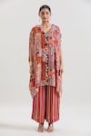 Basanti - Kapde Aur Koffee x AZA_Red Chinon Printed Tassels V Neck Kurta And Striped Pant Set_at_Aza_Fashions