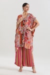 Buy_Basanti - Kapde Aur Koffee x AZA_Red Chinon Printed Tassels V Neck Kurta And Striped Pant Set