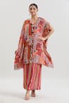 Shop_Basanti - Kapde Aur Koffee x AZA_Red Chinon Printed Tassels V Neck Kurta And Striped Pant Set