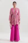 Buy_Basanti - Kapde Aur Koffee x AZA_Pink Georgette Printed Sequins Round Paisley Gathered Tunic And Sharara Set_Online_at_Aza_Fashions
